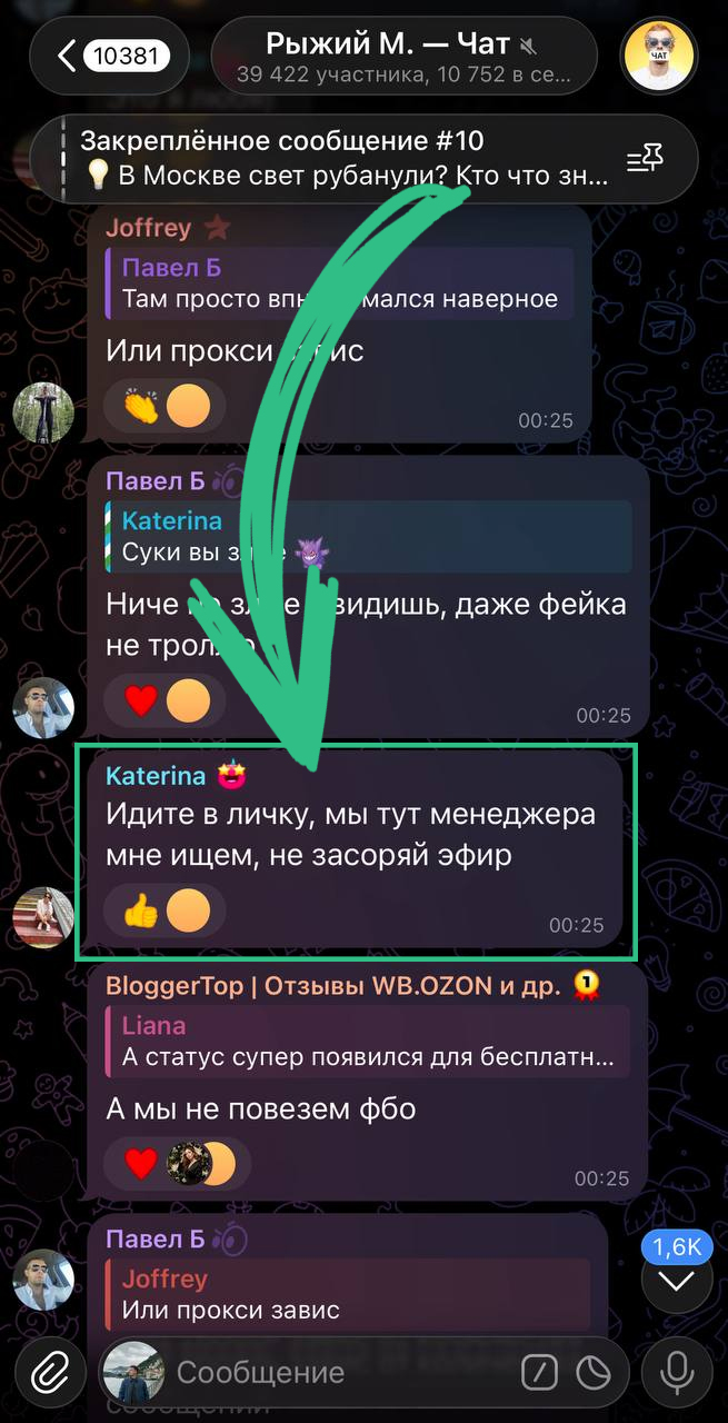 Чат селлеров в Telegram: Katerina пишет, что ищет менеджера