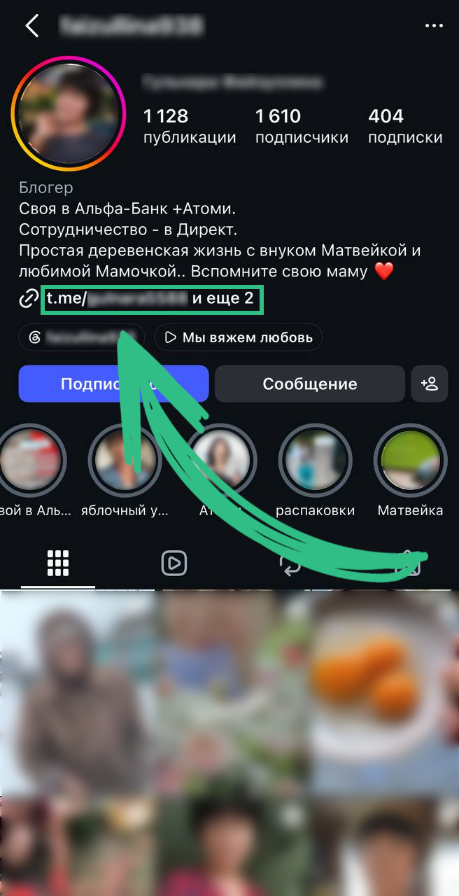 Профиль лида в Instagram со ссылкой на Telegram